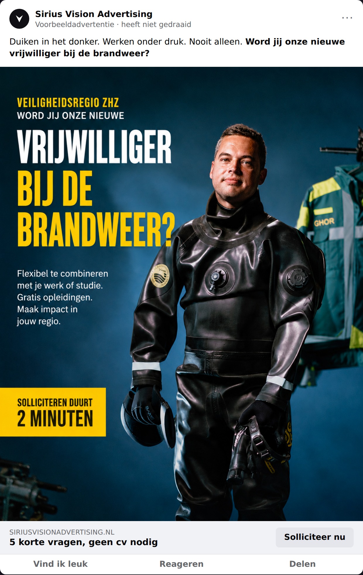 Meta-advertentie voor Veiligheidsregio ZHZ: vrijwilliger bij de brandweer