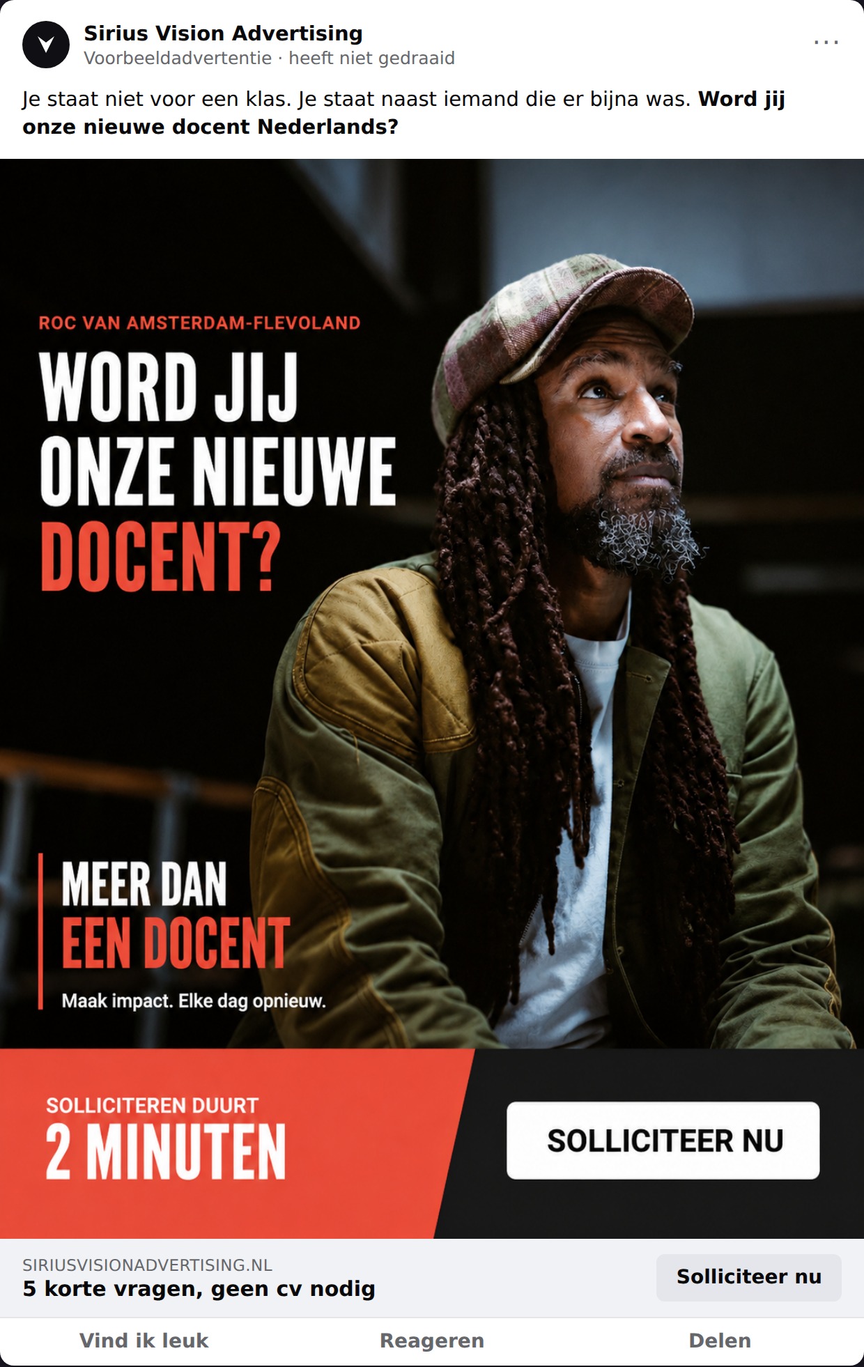 Meta-advertentie voor ROC van Amsterdam-Flevoland: docent Nederlands